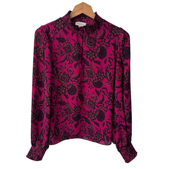 Evereve Tops - Evereve Magenta Floral Smocked Mock Neck Blouse - Size Medium - Boho Chiffon